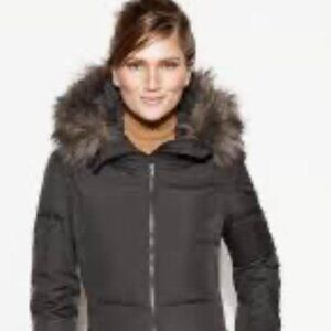 Calvin Klein Black Down-Filled Puffer Jacket Coat Faux-Fur Hood Trim Size Large